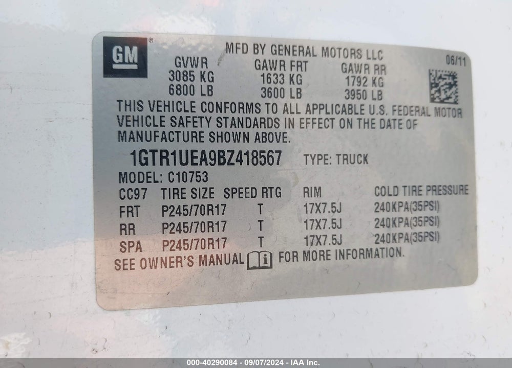 2011 GMC SIERRA 1500 SL VIN: 1GTR1UEA9BZ418567