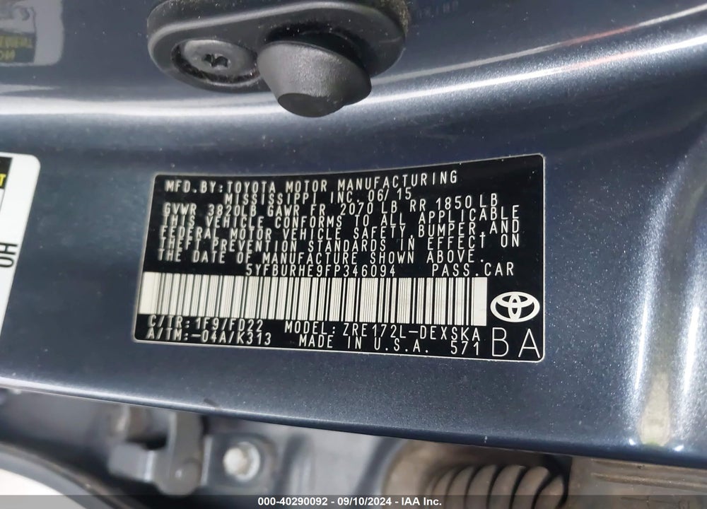 2015 TOYOTA COROLLA S PLUS VIN: 5YFBURHE9FP346094