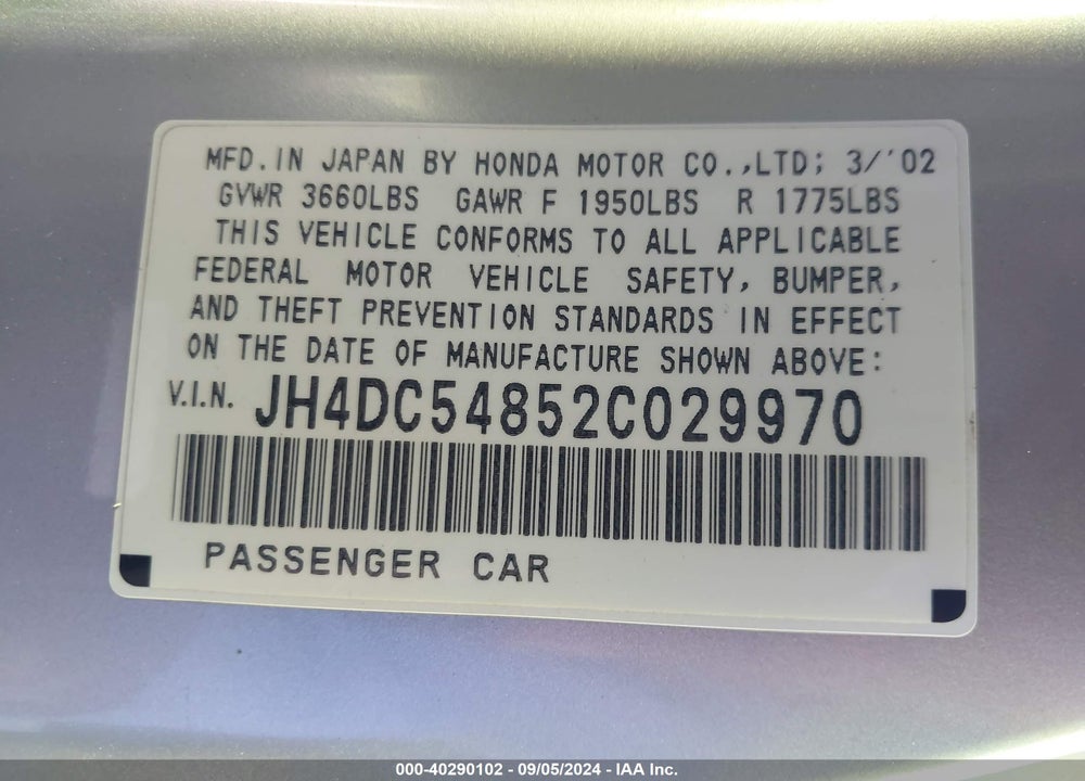 2002 ACURA RSX VIN: JH4DC54852C029970