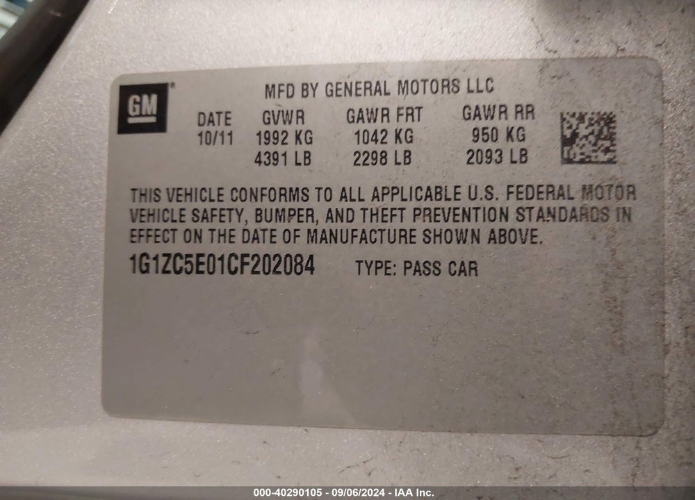 2012 CHEVROLET MALIBU 1LT VIN: 1G1ZC5E01CF202084