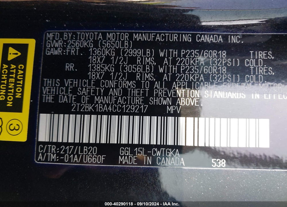 2012 LEXUS RX 350 VIN: 2T2BK1BA4CC129217