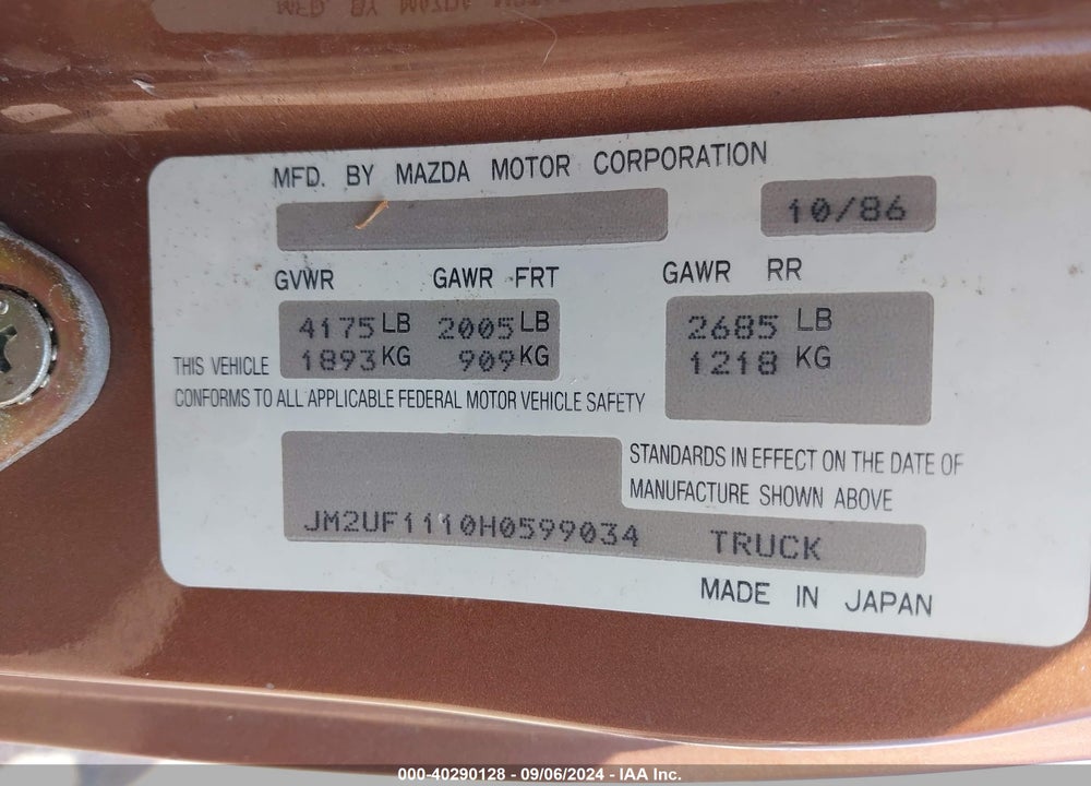 1987 MAZDA B2000 VIN: JM2UF1110H0599034