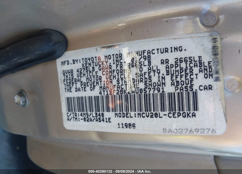 1998 TOYOTA CAMRY XLE V6 VIN: 4T1BF28K2WU057791
