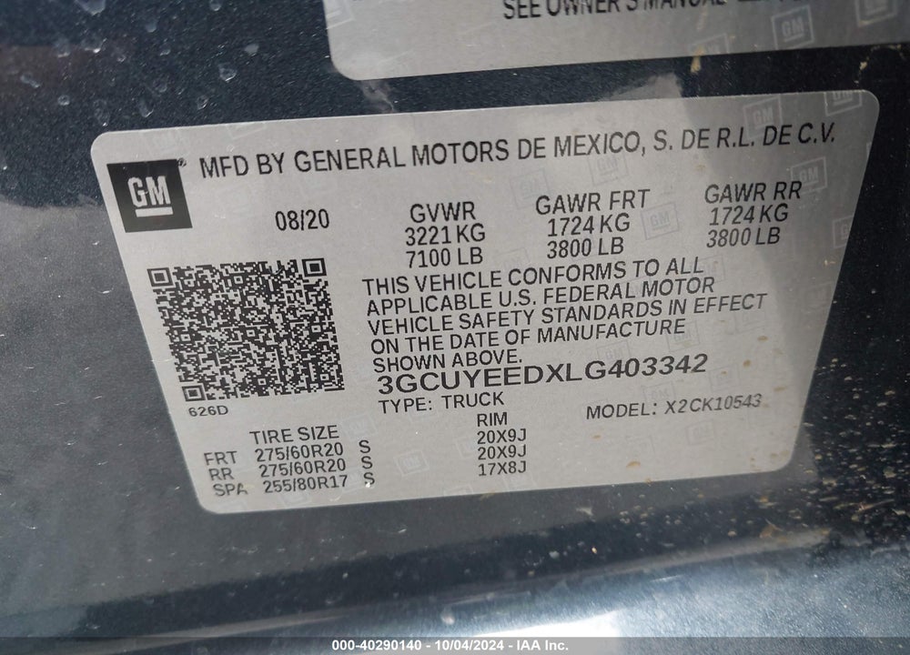 2020 CHEVROLET SILVERADO 1500 4WD SHORT BED RST VIN: 3GCUYEEDXLG403342