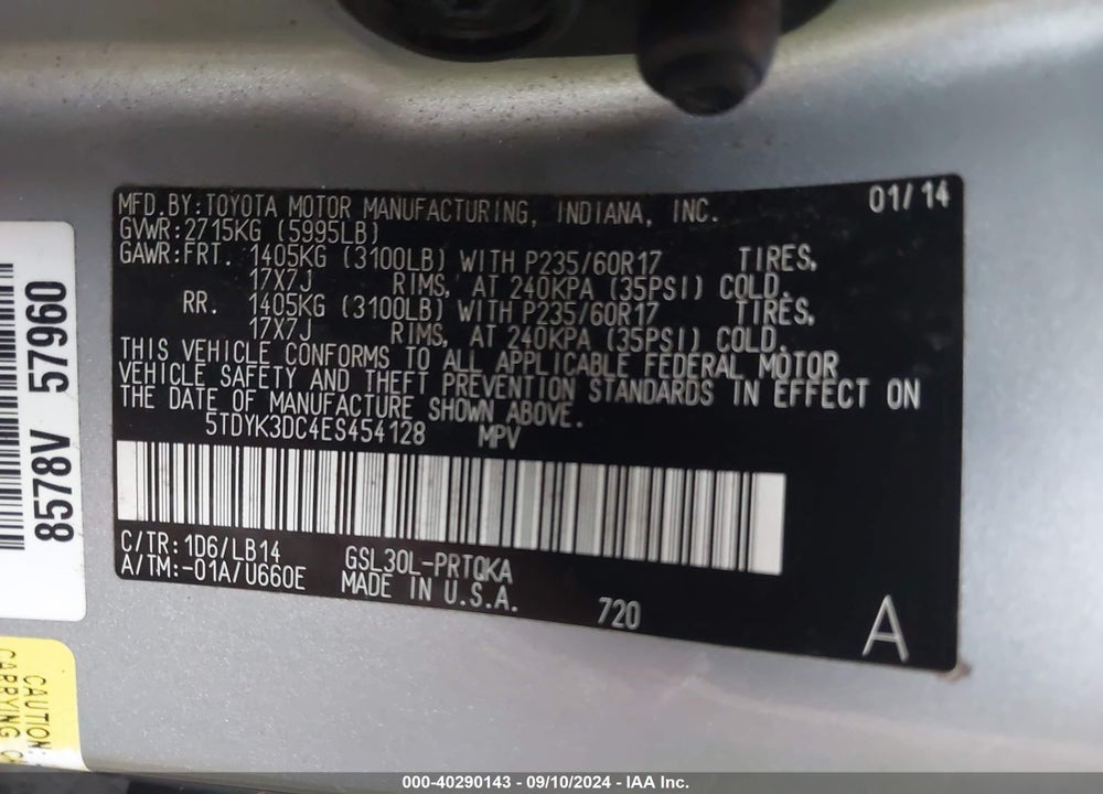 2014 TOYOTA SIENNA XLE V6 8 PASSENGER VIN: 5TDYK3DC4ES454128