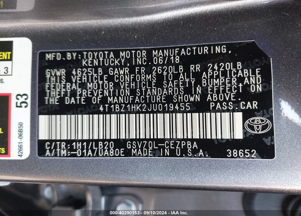 2018 TOYOTA CAMRY XSE V6 VIN: 4T1BZ1HK2JU019455