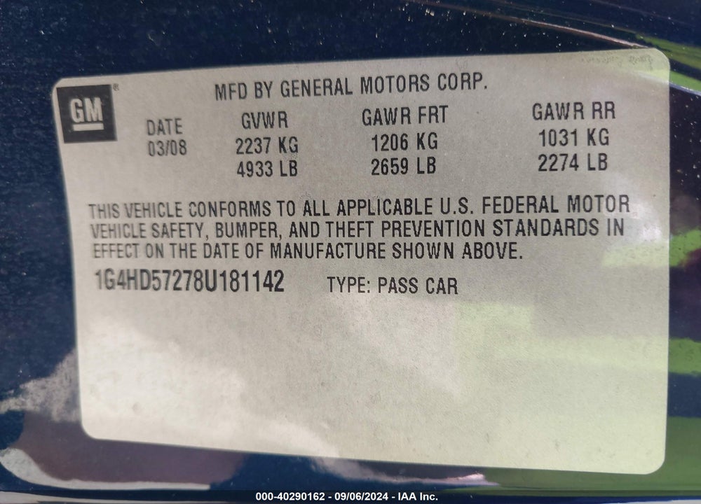 2008 BUICK LUCERNE VIN: 1G4HD57278U181142