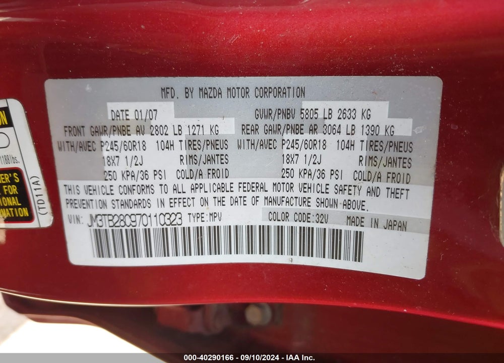 2007 MAZDA CX-9 SPORT VIN: JM3TB28C970110323
