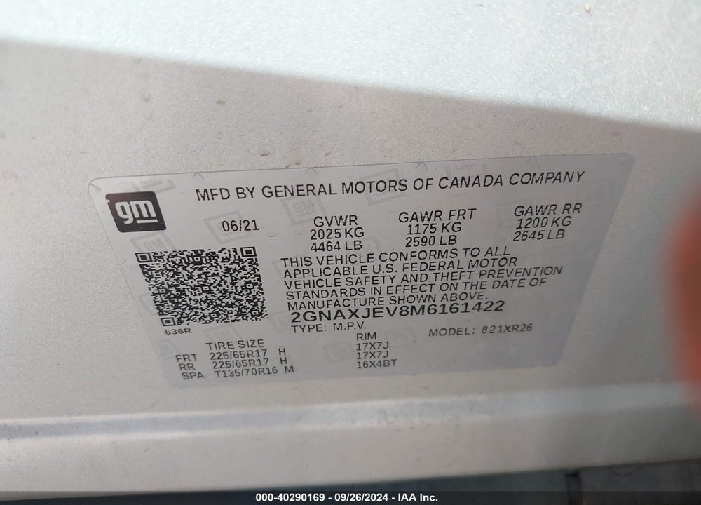 2021 CHEVROLET EQUINOX FWD 2FL VIN: 2GNAXJEV8M6161422