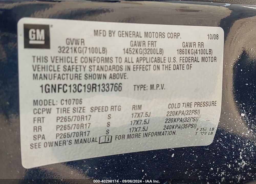 2009 CHEVROLET TAHOE LS VIN: 1GNFC13C19R133766