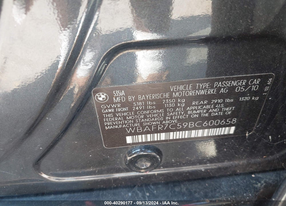 2011 BMW 535I VIN: WBAFR7C59BC600658