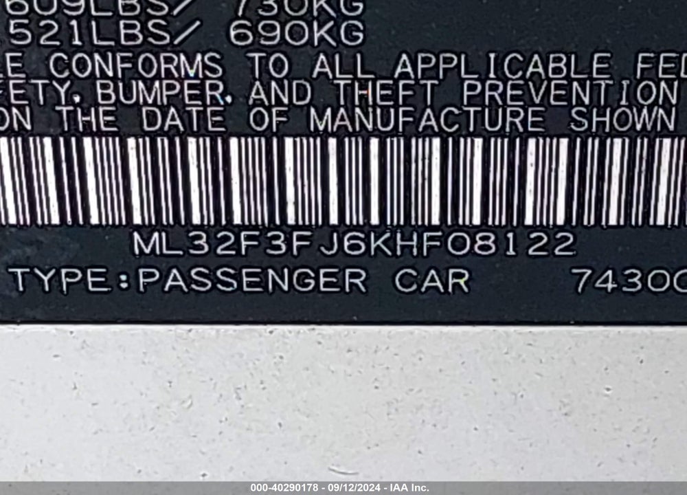 2019 MITSUBISHI MIRAGE G4 ES VIN: ML32F3FJ6KHF08122