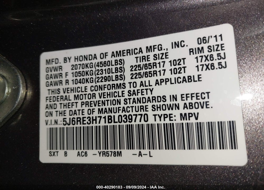 2011 HONDA CR-V EX-L VIN: 5J6RE3H71BL039770