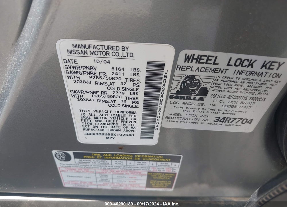 2005 INFINITI FX35 VIN: JNRAS08U65X102648