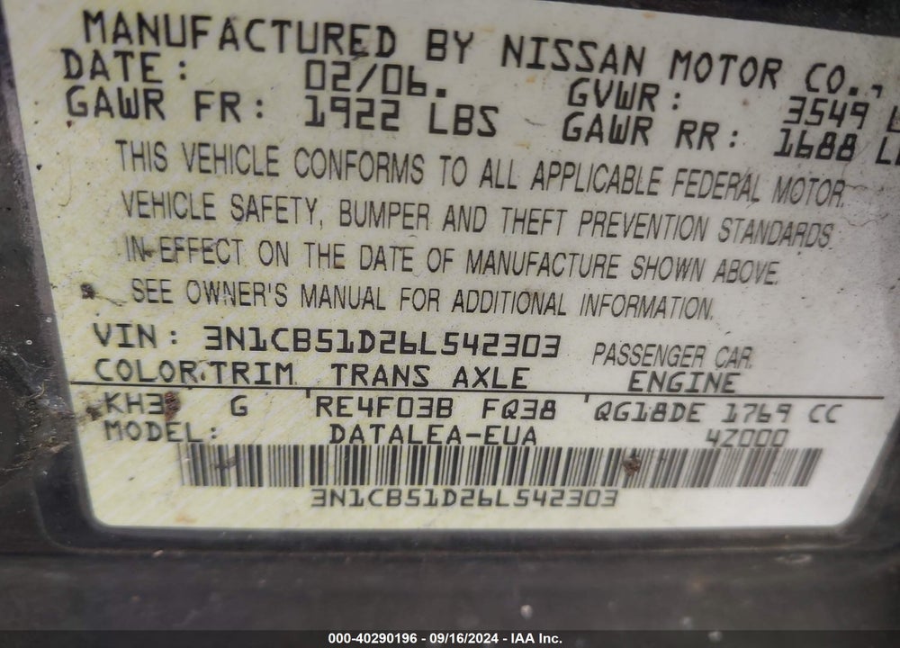 2006 NISSAN SENTRA 1.8S VIN: 3N1CB51D26L542303