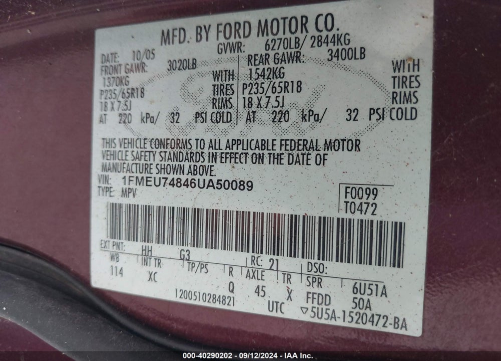 2006 FORD EXPLORER EDDIE BAUER VIN: 1FMEU74846UA50089