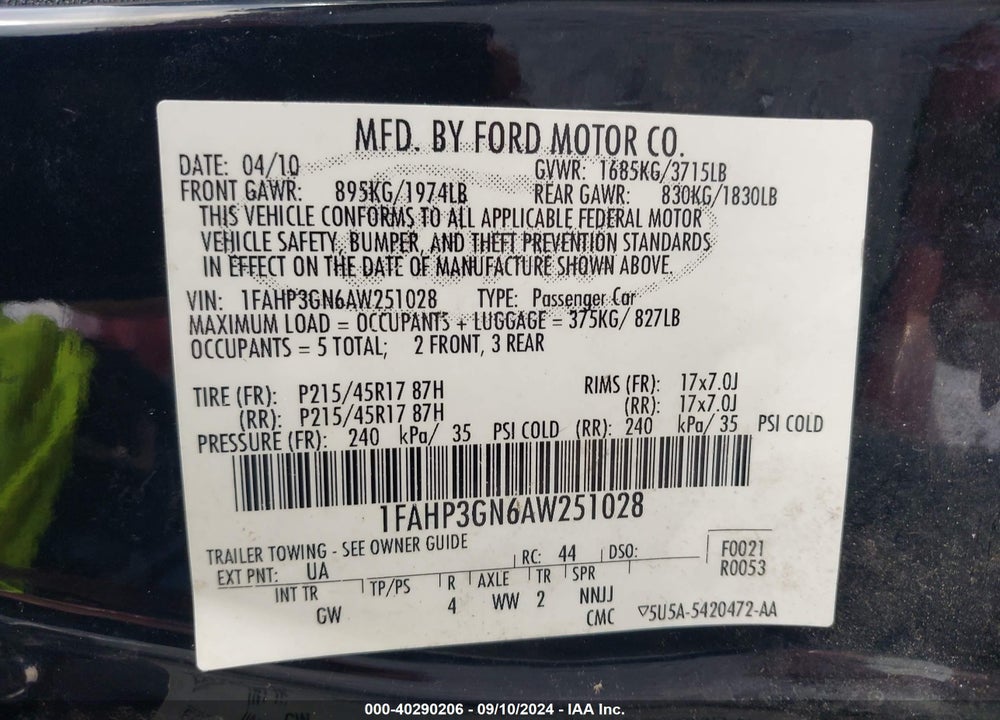 2010 FORD FOCUS SES VIN: 1FAHP3GN6AW251028