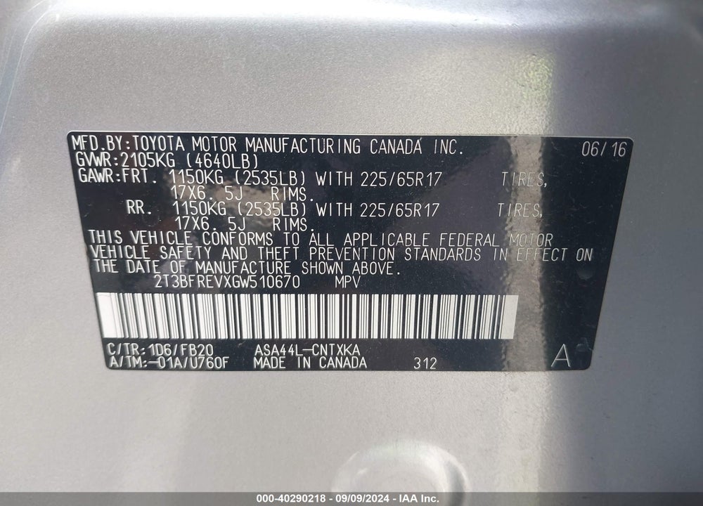 2016 TOYOTA RAV4 LE VIN: 2T3BFREVXGW510670