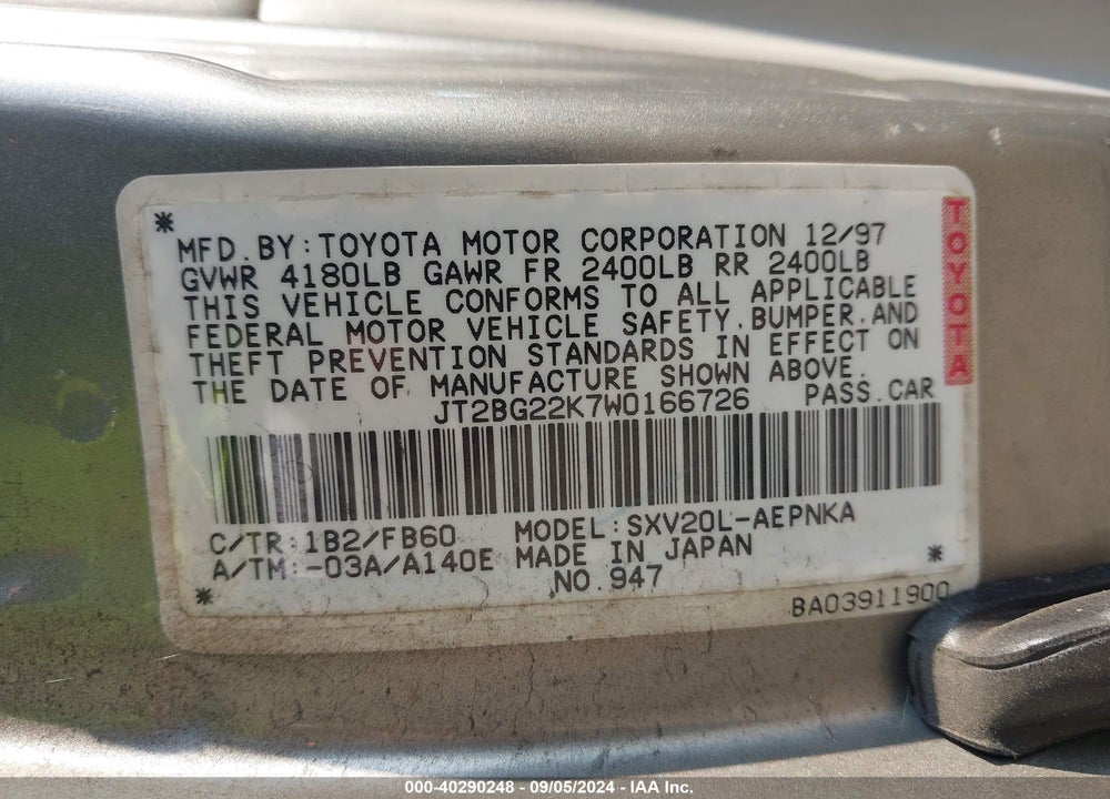 1998 TOYOTA CAMRY LE VIN: JT2BG22K7W0166726