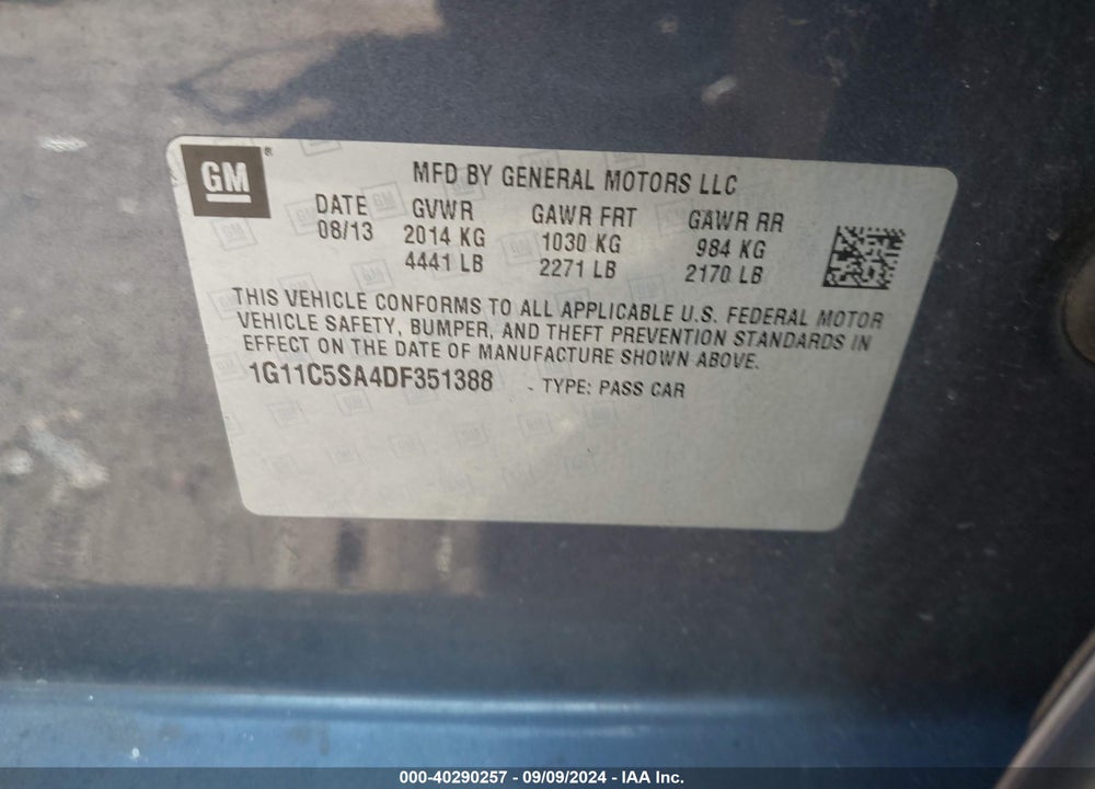 2013 CHEVROLET MALIBU 1LT VIN: 1G11C5SA4DF351388