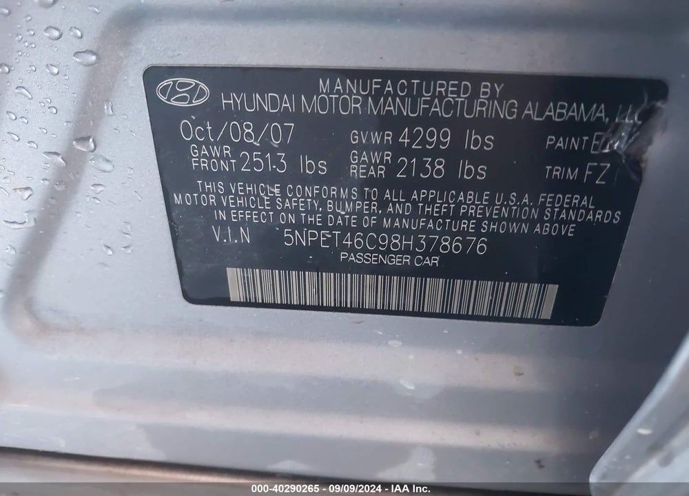 2008 HYUNDAI SONATA GLS VIN: 5NPET46C98H378676