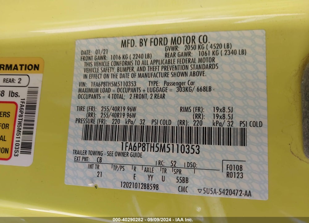 2021 FORD MUSTANG ECOBOOST FASTBACK VIN: 1FA6P8TH5M5110353