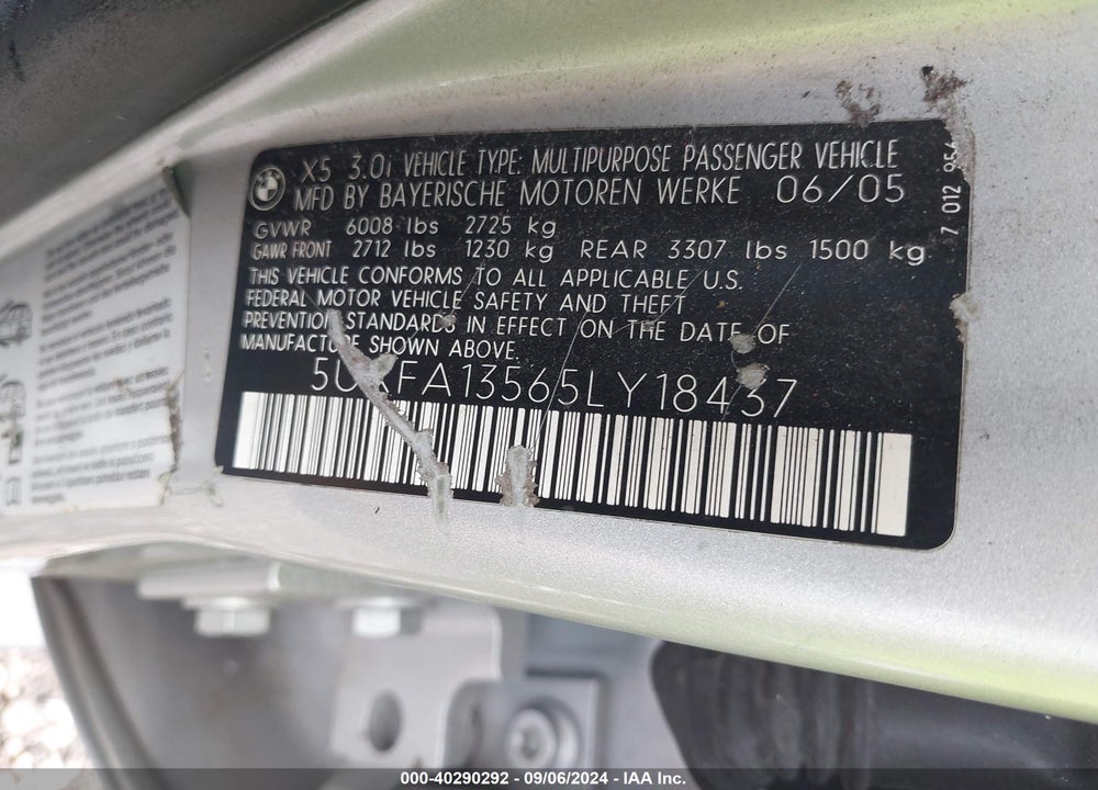 2005 BMW X5 3.0I VIN: 5UXFA13565LY18437