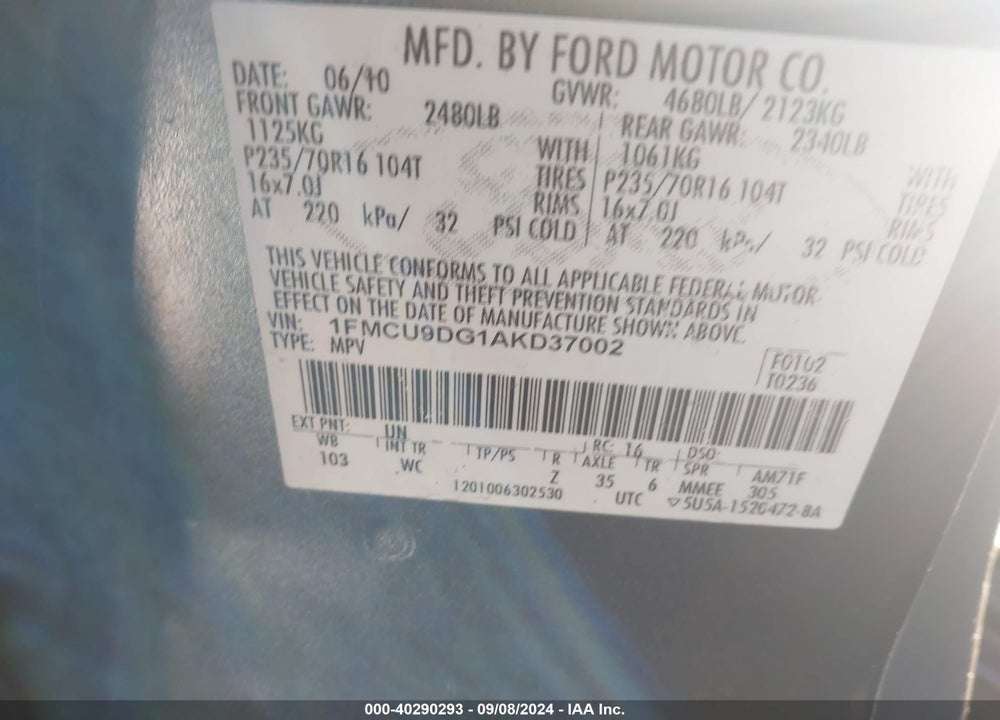 2010 FORD ESCAPE HYBRID LIMITED VIN: 1FMCU5K37AKC35440