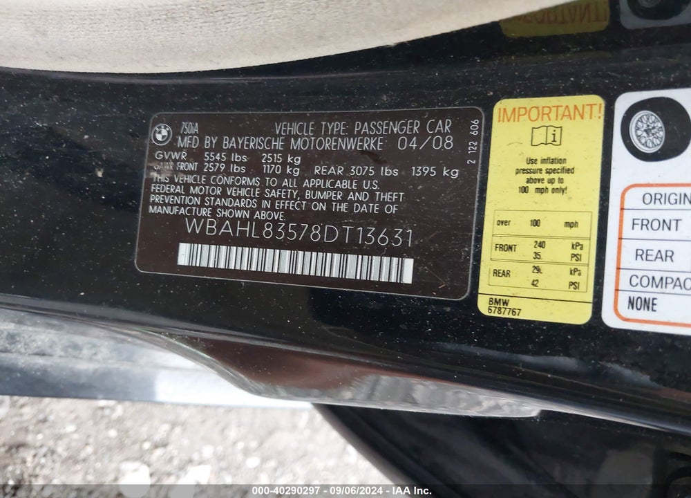 2008 BMW 750I VIN: WBAHL83578DT13631