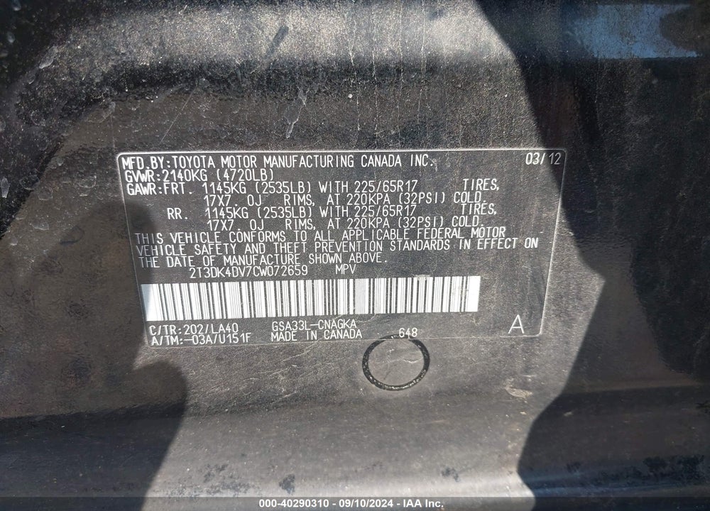 2012 TOYOTA RAV4 LIMITED V6 VIN: 2T3DK4DV7CW072659