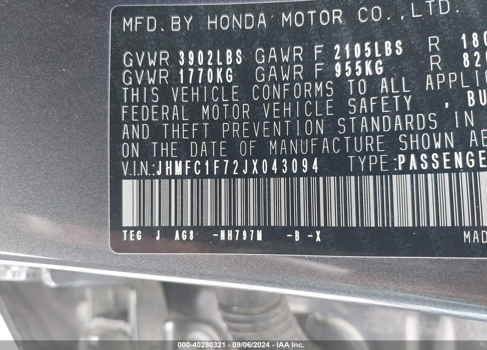 2018 HONDA CIVIC EX-L VIN: JHMFC1F72JX043094