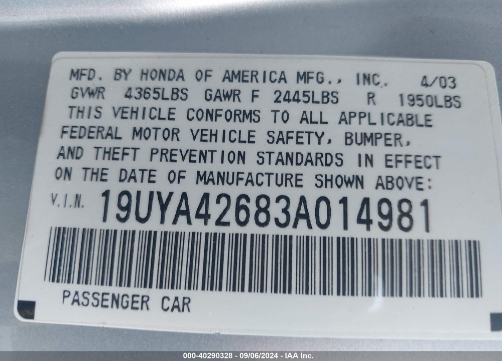 2003 ACURA CL 3.2 TYPE S AUTOMATIC VIN: 19UYA42683A014981