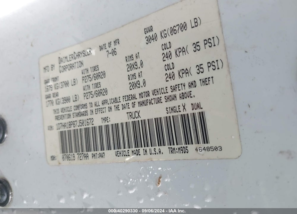 2007 DODGE RAM 1500 SLT VIN: 1D7HA18P87J501672