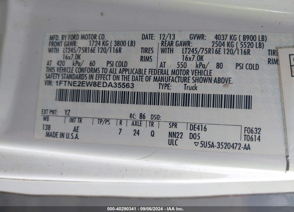 2014 FORD E-250 COMMERCIAL VIN: 1FTNE2EW8EDA35563