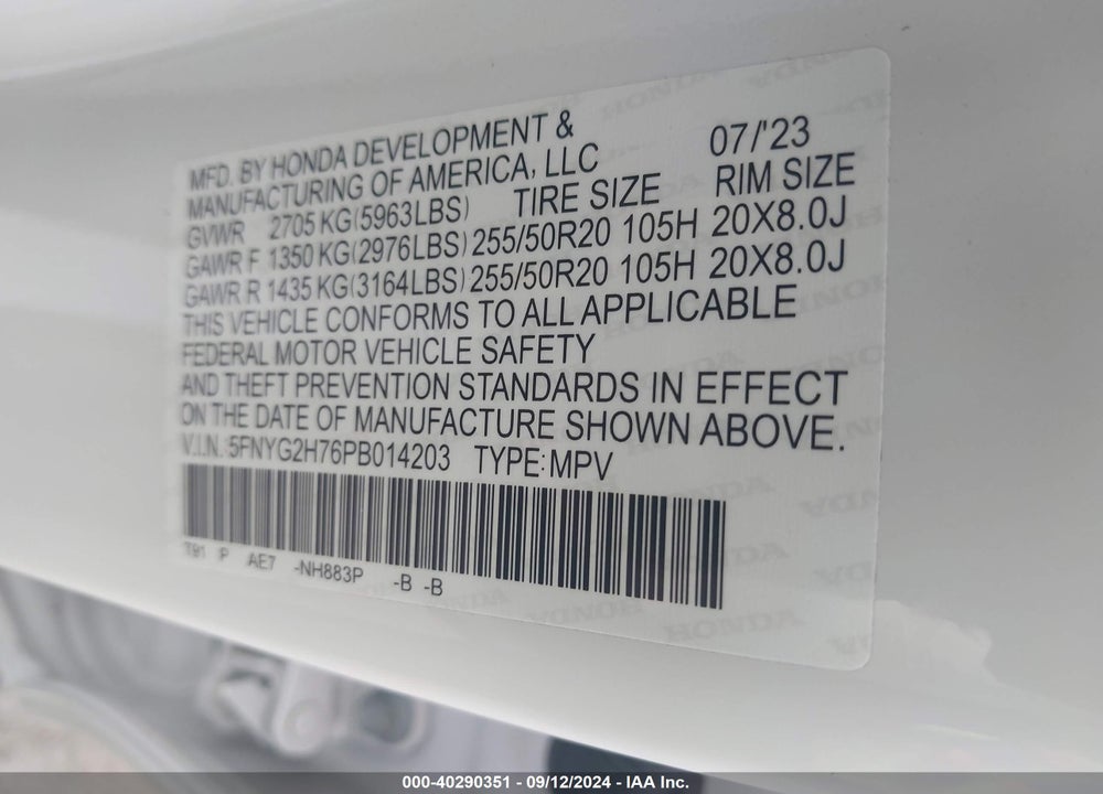 2023 HONDA PILOT 2WD TOURING VIN: 5FNYG2H76PB014203