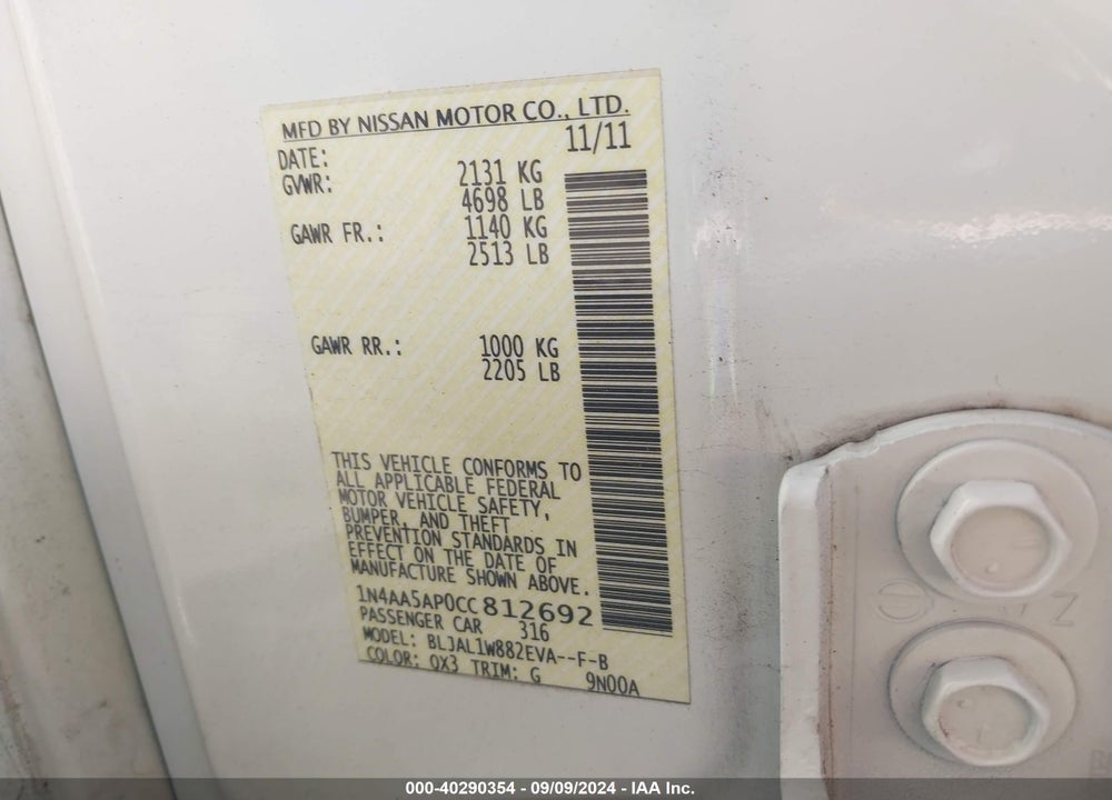 2012 NISSAN MAXIMA 3.5 SV VIN: 1N4AA5AP0CC812692