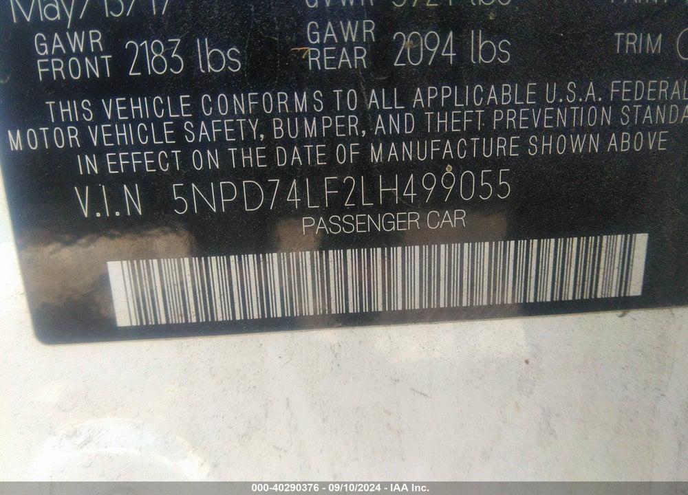 2020 HYUNDAI ELANTRA SE VIN: 5NPD74LF2LH499055