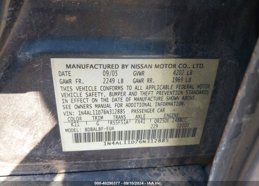 2006 NISSAN ALTIMA 2.5 S VIN: 1N4AL11D76N312885