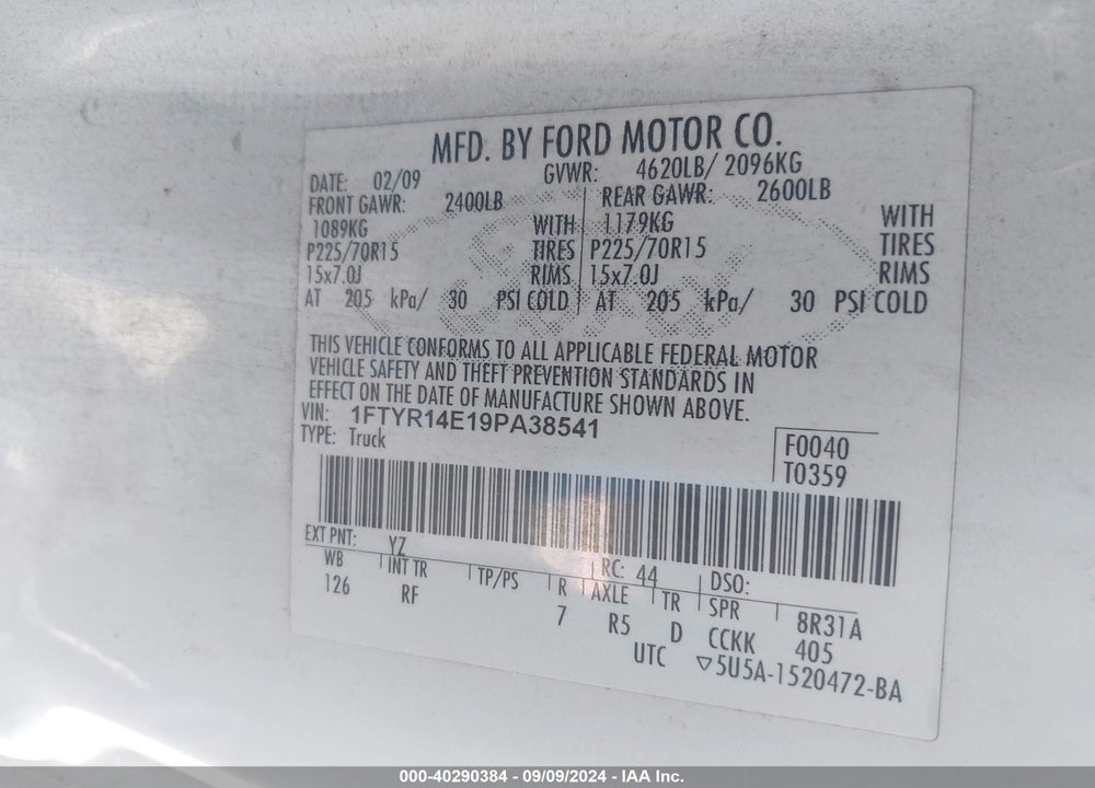 2009 FORD RANGER SPORT/XL/XLT VIN: 1FTYR14E19PA38541