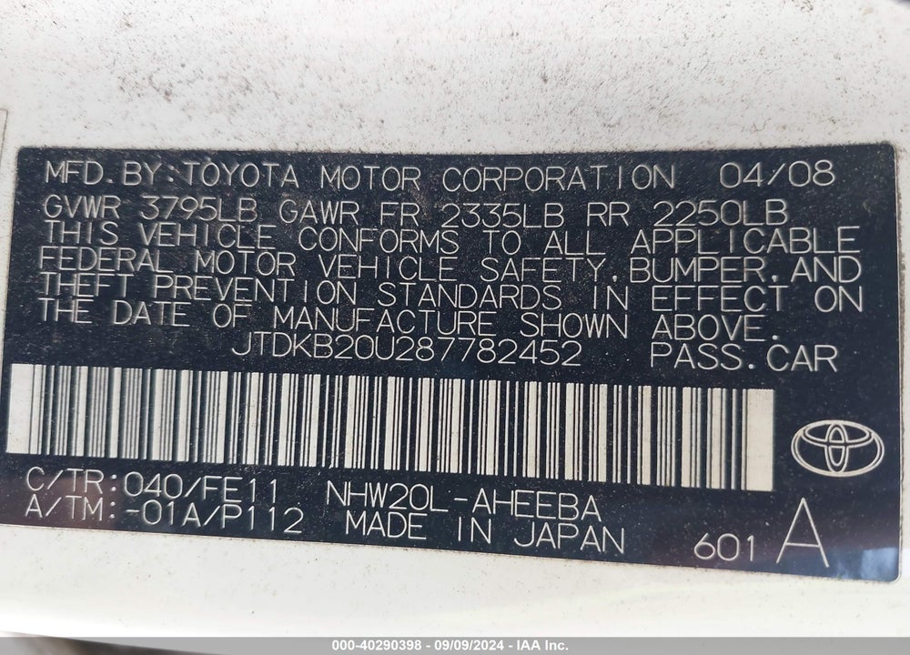 2008 TOYOTA PRIUS VIN: JTDKB20U287782452