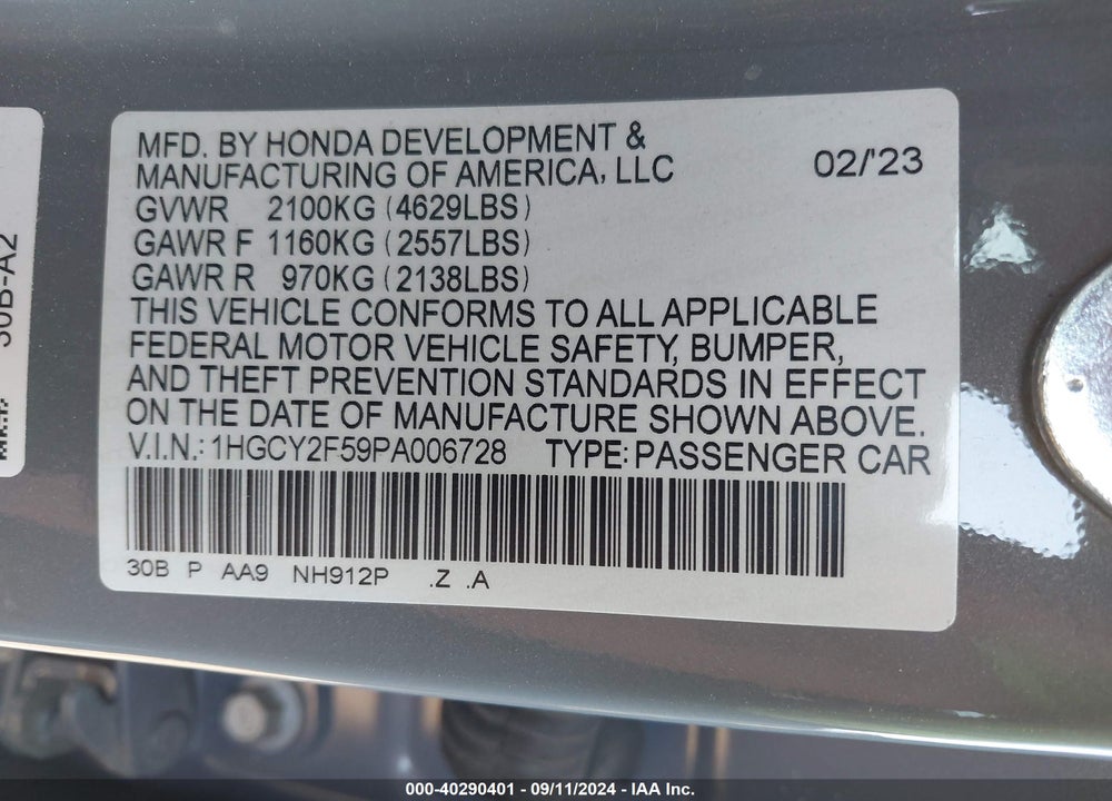 2023 HONDA ACCORD HYBRID SPORT VIN: 1HGCY2F59PA006728