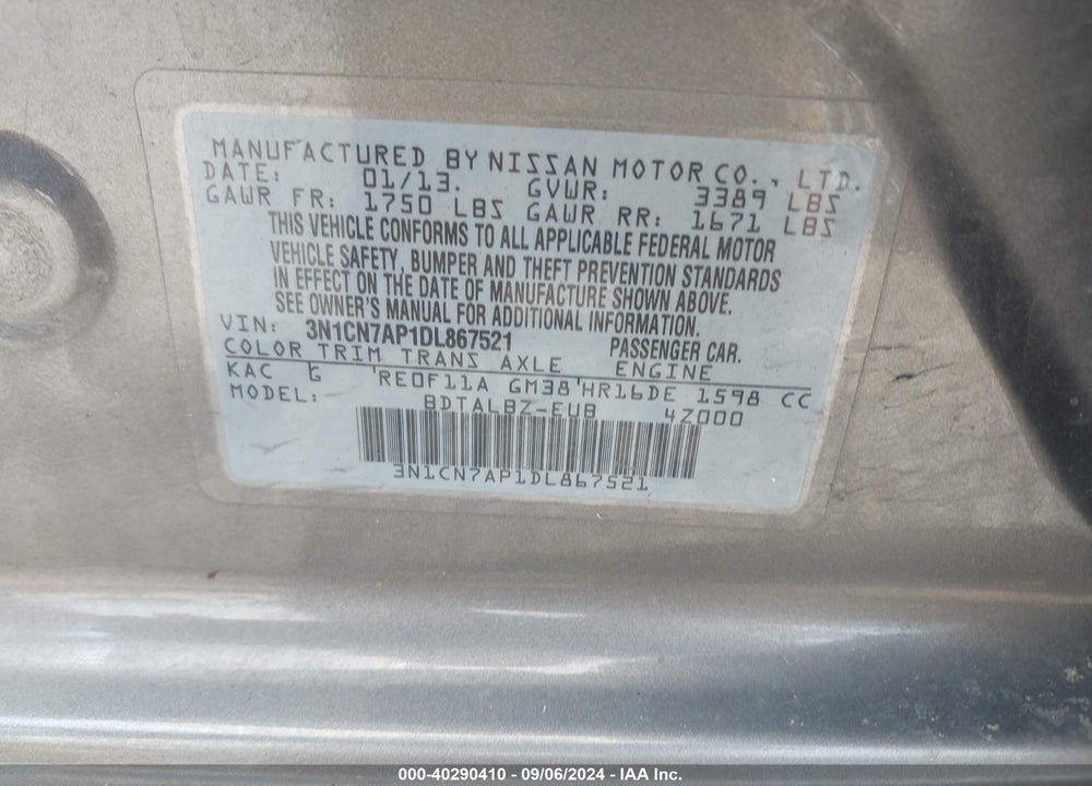 2013 NISSAN VERSA 1.6 SV VIN: 3N1CN7AP1DL867521