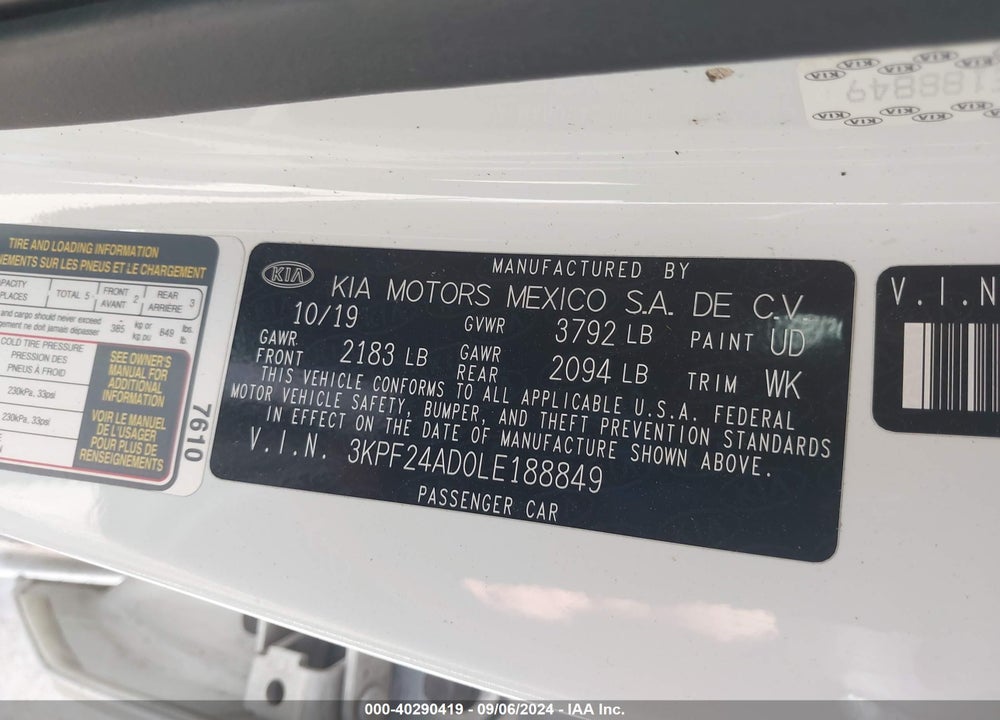 2020 KIA FORTE LXS VIN: 3KPF24AD0LE188849