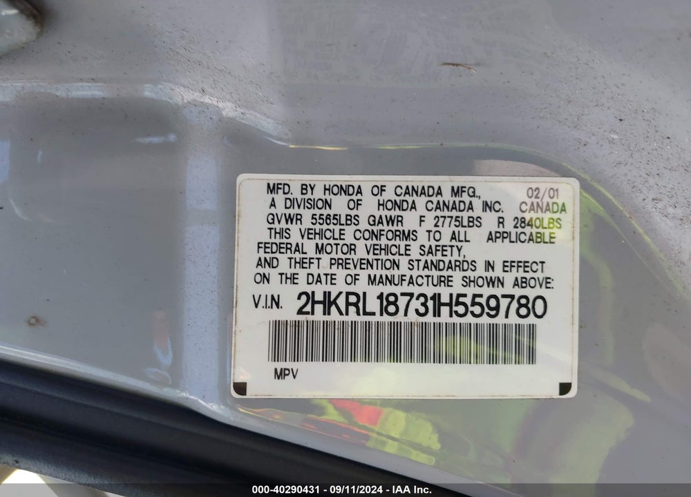 2001 HONDA ODYSSEY EX VIN: 2HKRL18731H559780