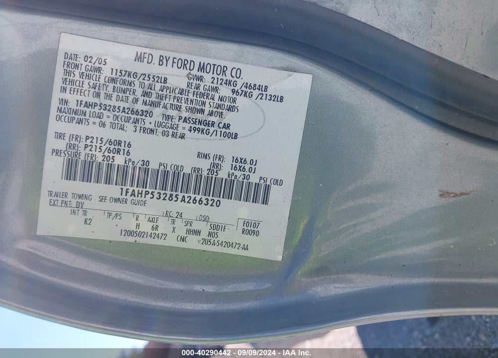 2005 FORD TAURUS SE VIN: 1FAHP53285A266320