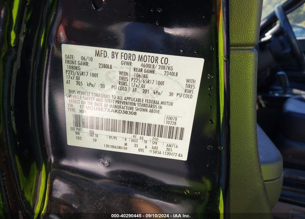 2010 FORD ESCAPE LIMITED VIN: 1FMCU9E7XAKD38308