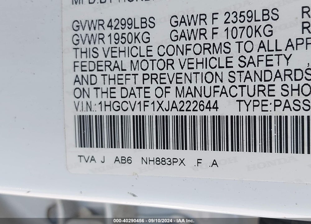 2018 HONDA ACCORD LX VIN: 1HGCV1F1XJA222644