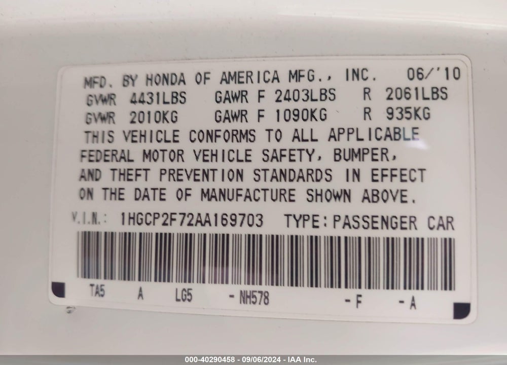 2010 HONDA ACCORD 2.4 EX VIN: 1HGCP2F72AA169703