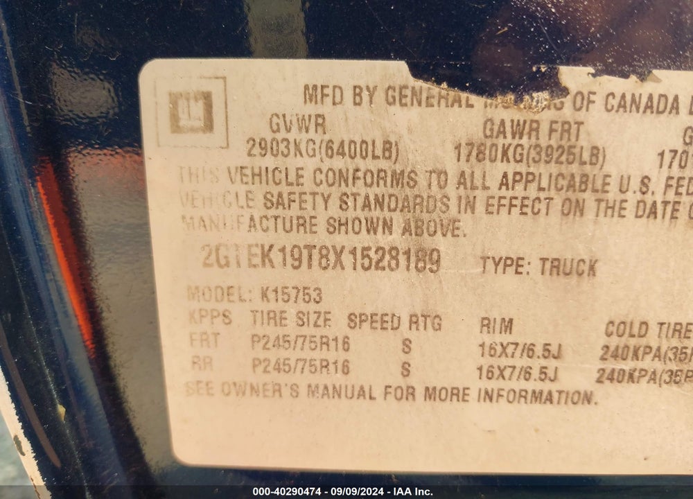 1999 GMC SIERRA 1500 SLE VIN: 2GTEK19T8X1528189