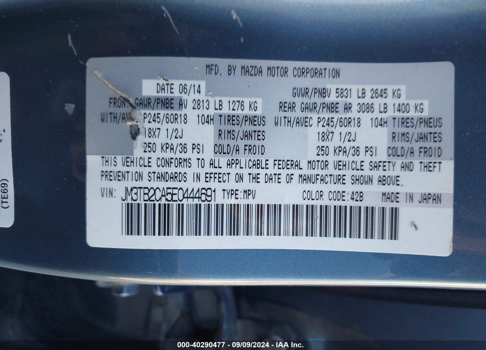 2014 MAZDA CX-9 TOURING VIN: JM3TB2CA5E0444691